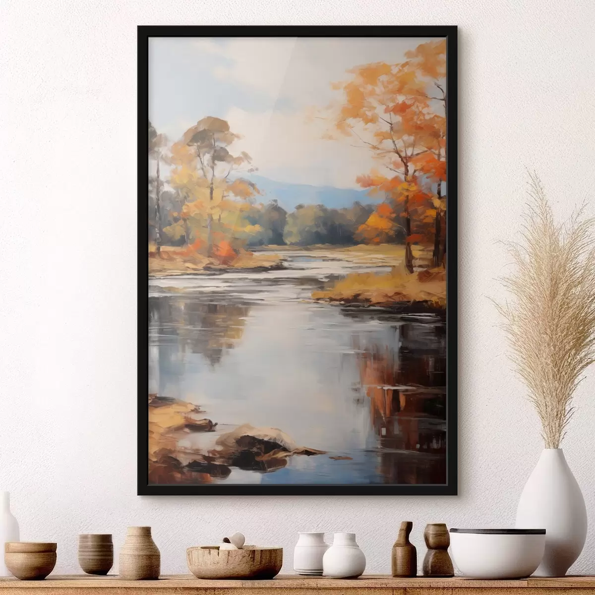 Poster Paisaje con un río que fluye a través de un bosque en otoño, árboles amarillos y naranjas, estilo pictórico f46281