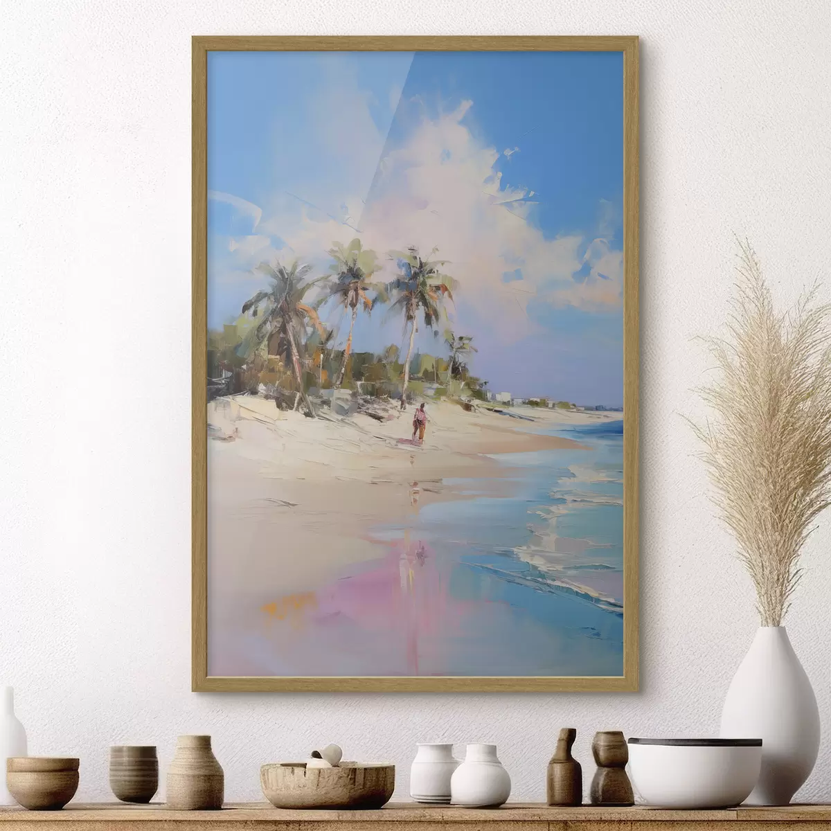 Poster Paisaje abstracto, una playa con palmeras, un día soleado con un cielo azul y algunas nubes f46284