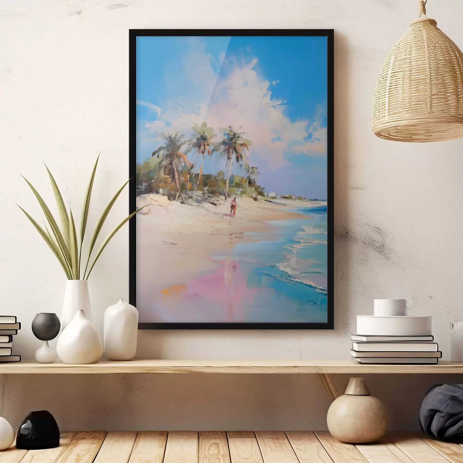 murales de pared Paisaje abstracto, una playa con palmeras, un día soleado con un cielo azul y algunas nubes. f46284