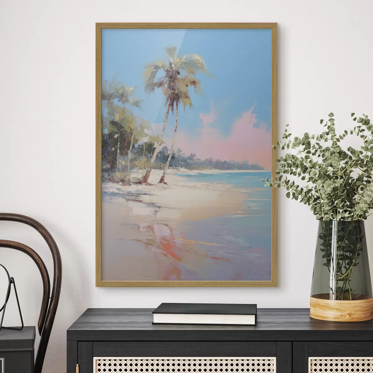 Poster Playa tropical abstracta con arena blanca y palmeras, cielo azul con nubes blancas f46285