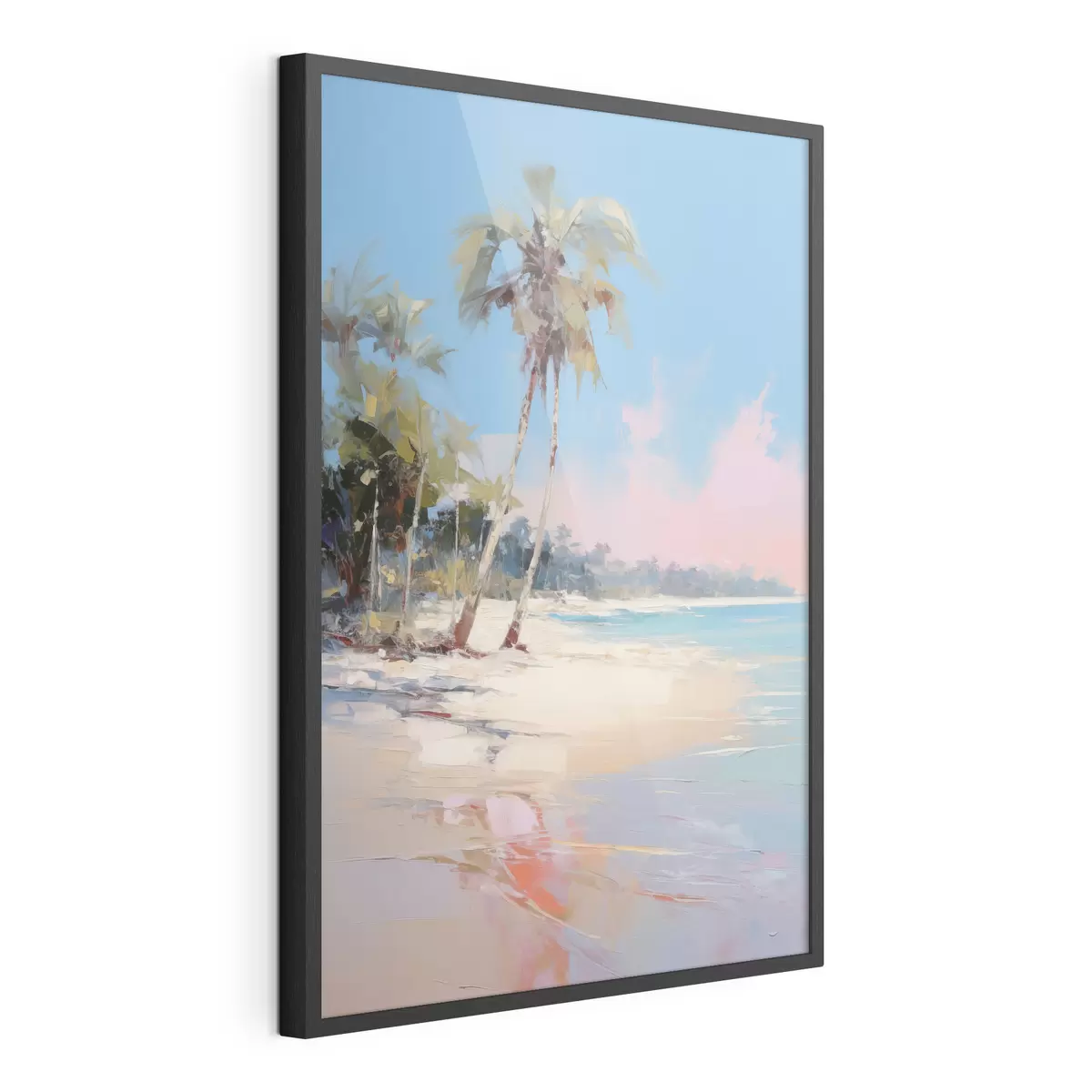 Poster Playa tropical abstracta con arena blanca y palmeras, cielo azul con nubes blancas f46285