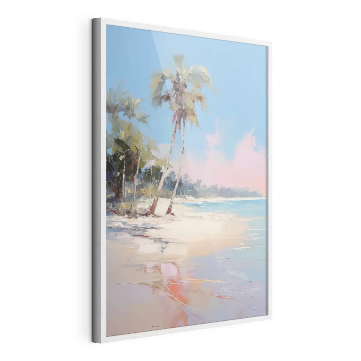 Poster Playa tropical abstracta con arena blanca y palmeras, cielo azul con nubes blancas f46285
