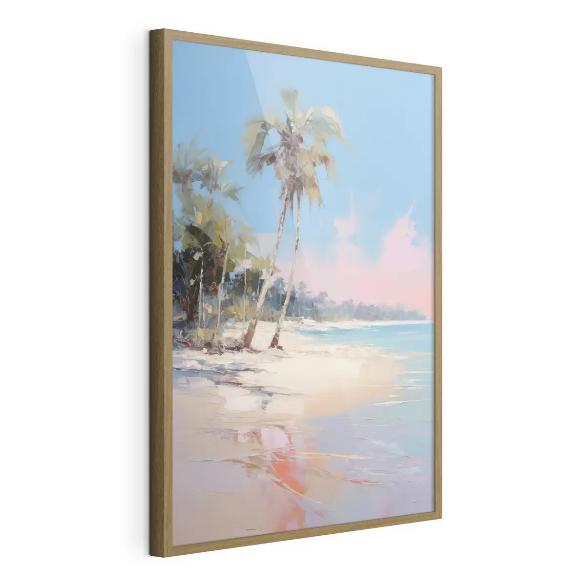 Poster Playa tropical abstracta con arena blanca y palmeras, cielo azul con nubes blancas f46285