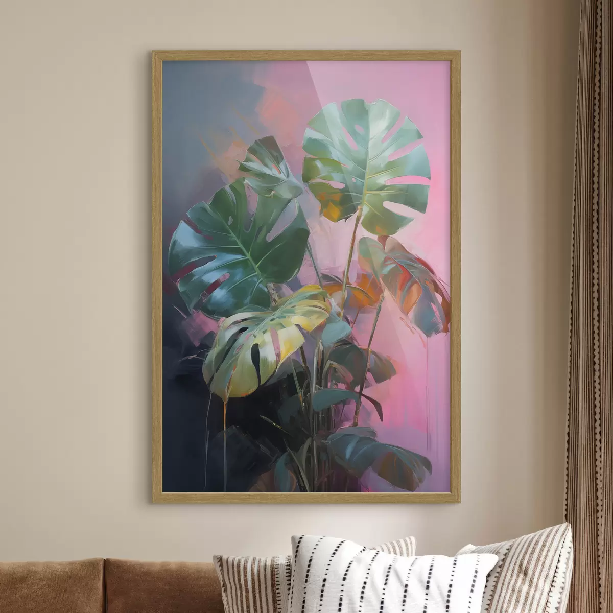 Poster Planta monstera abstracta con hojas de un verde intenso, sobre un fondo de suaves tonos rosados y morados f46286