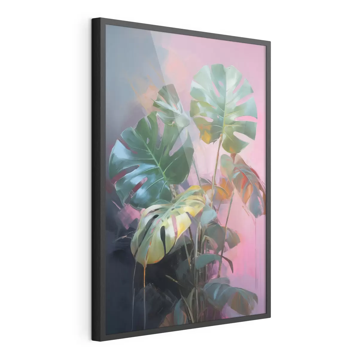 Poster Planta monstera abstracta con hojas de un verde intenso, sobre un fondo de suaves tonos rosados y morados f46286
