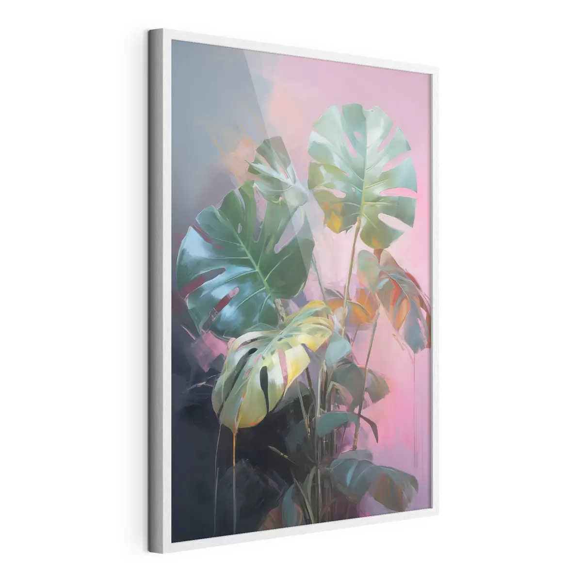 Poster Planta monstera abstracta con hojas de un verde intenso, sobre un fondo de suaves tonos rosados y morados f46286