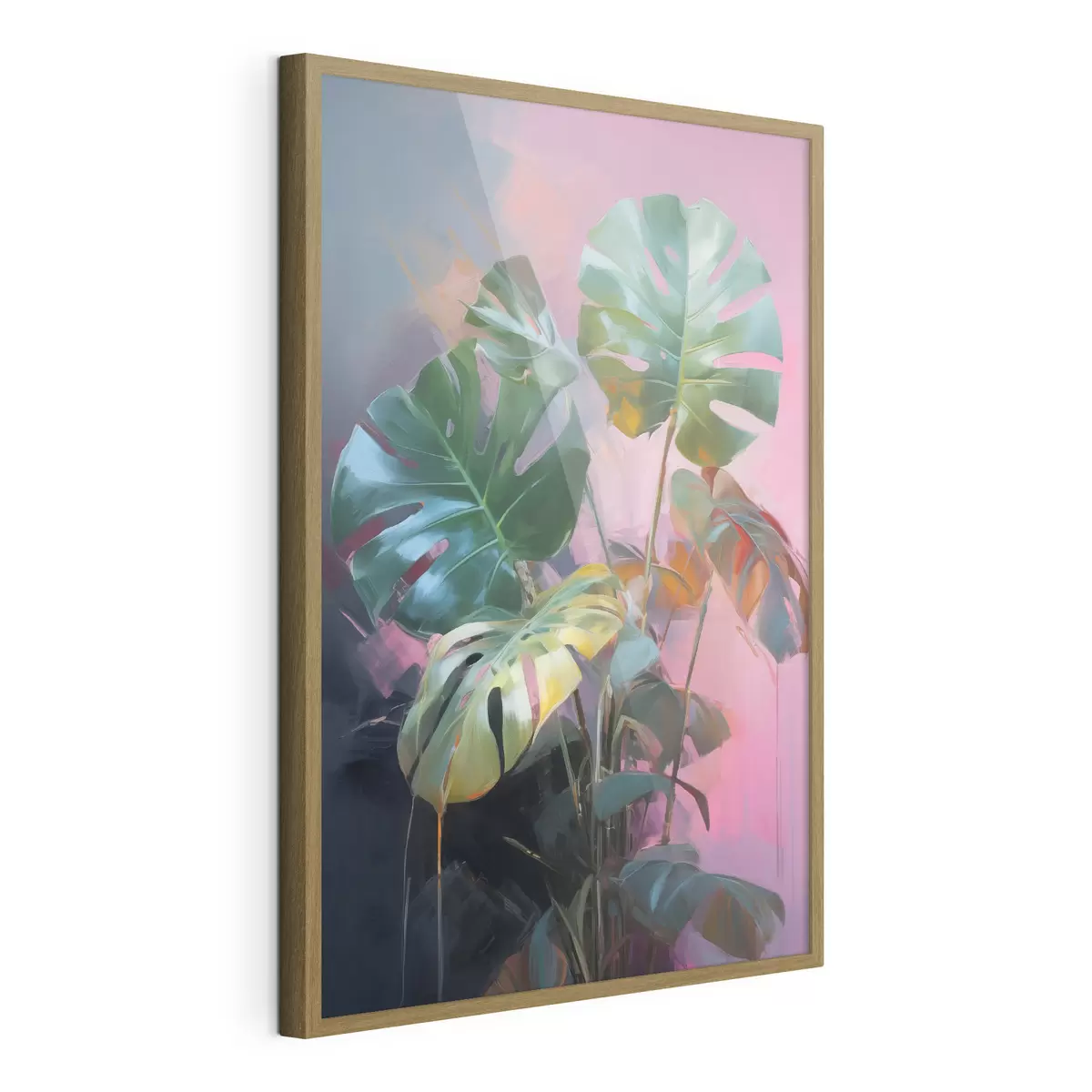 Poster Planta monstera abstracta con hojas de un verde intenso, sobre un fondo de suaves tonos rosados y morados f46286