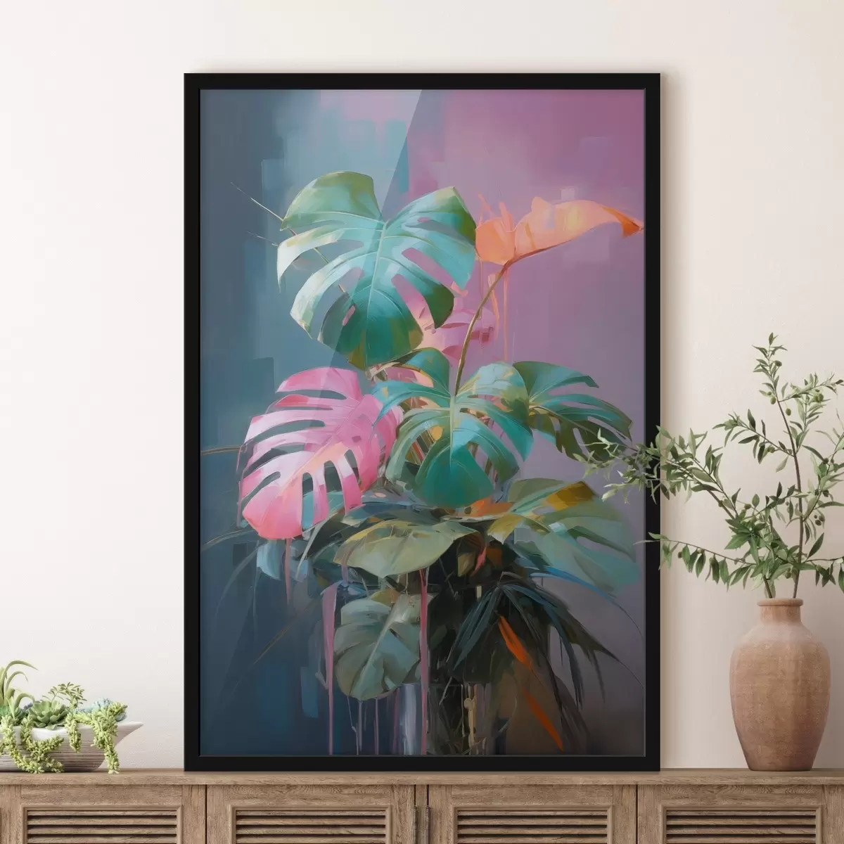 Poster Planta monstera abstracta con hojas rosas y verdes, colores vibrantes, sobre un fondo difuminado f46287