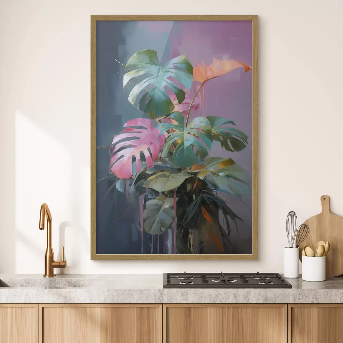 Poster Planta monstera abstracta con hojas rosas y verdes, colores vibrantes, sobre un fondo difuminado f46287