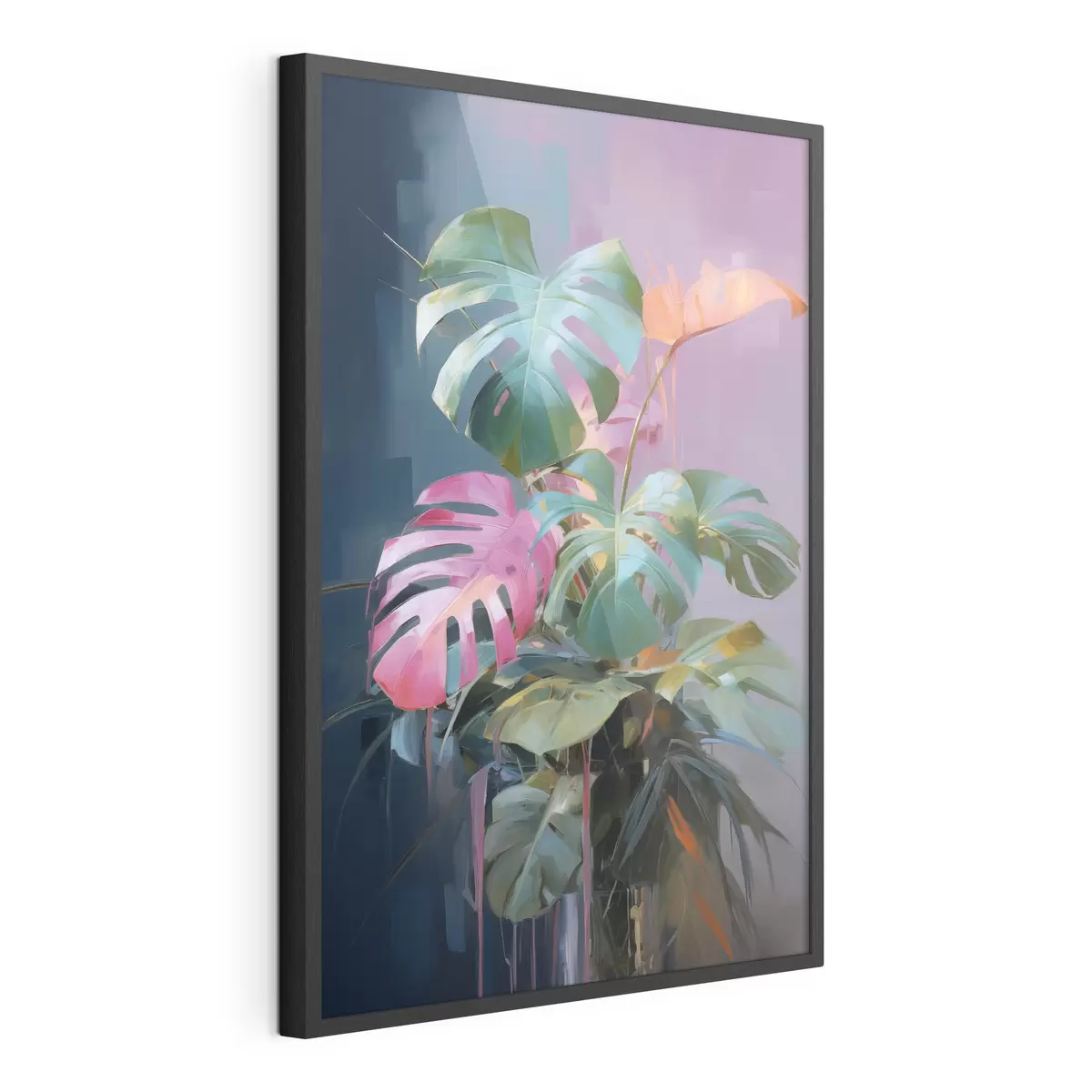 Poster Planta monstera abstracta con hojas rosas y verdes, colores vibrantes, sobre un fondo difuminado f46287