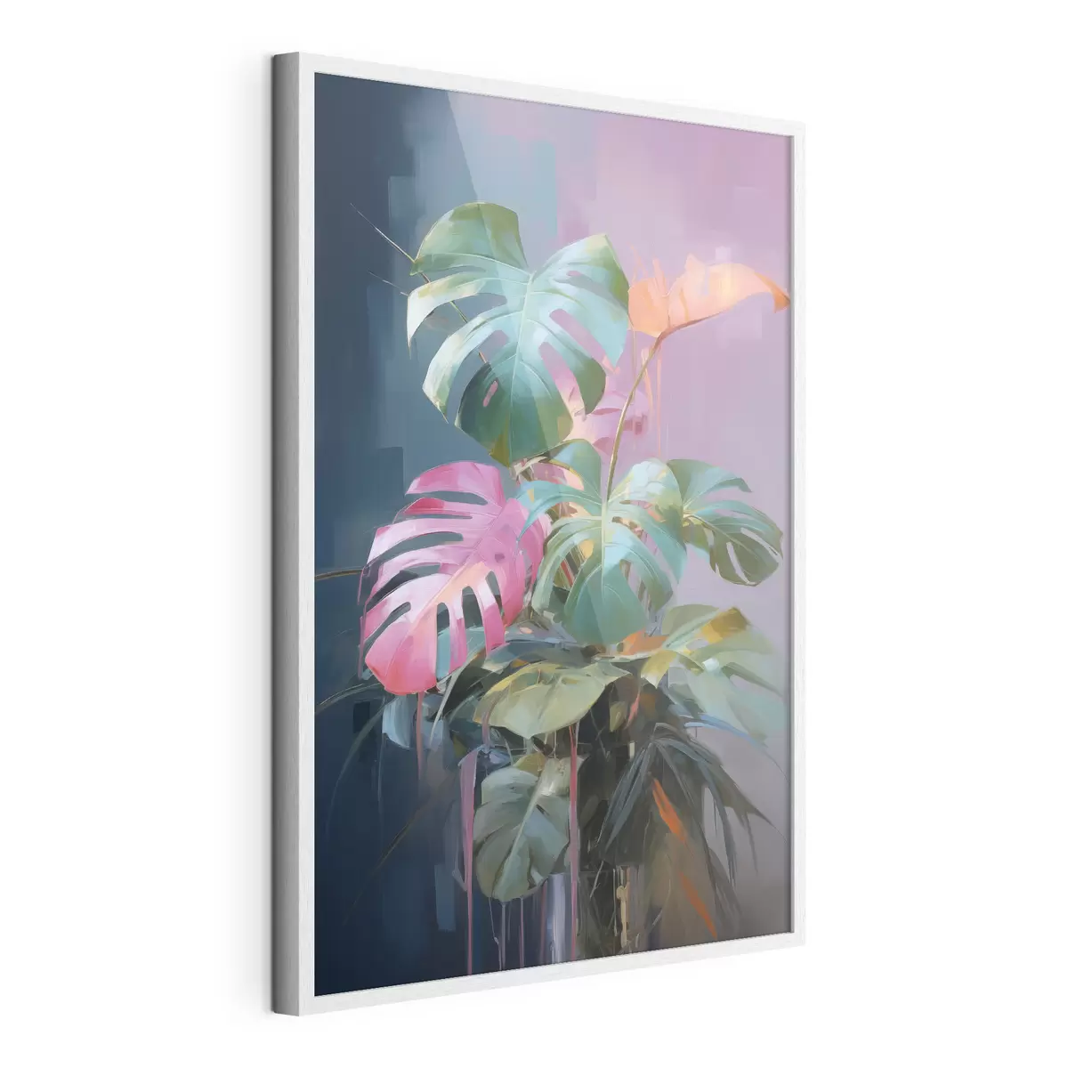 Poster Planta monstera abstracta con hojas rosas y verdes, colores vibrantes, sobre un fondo difuminado f46287