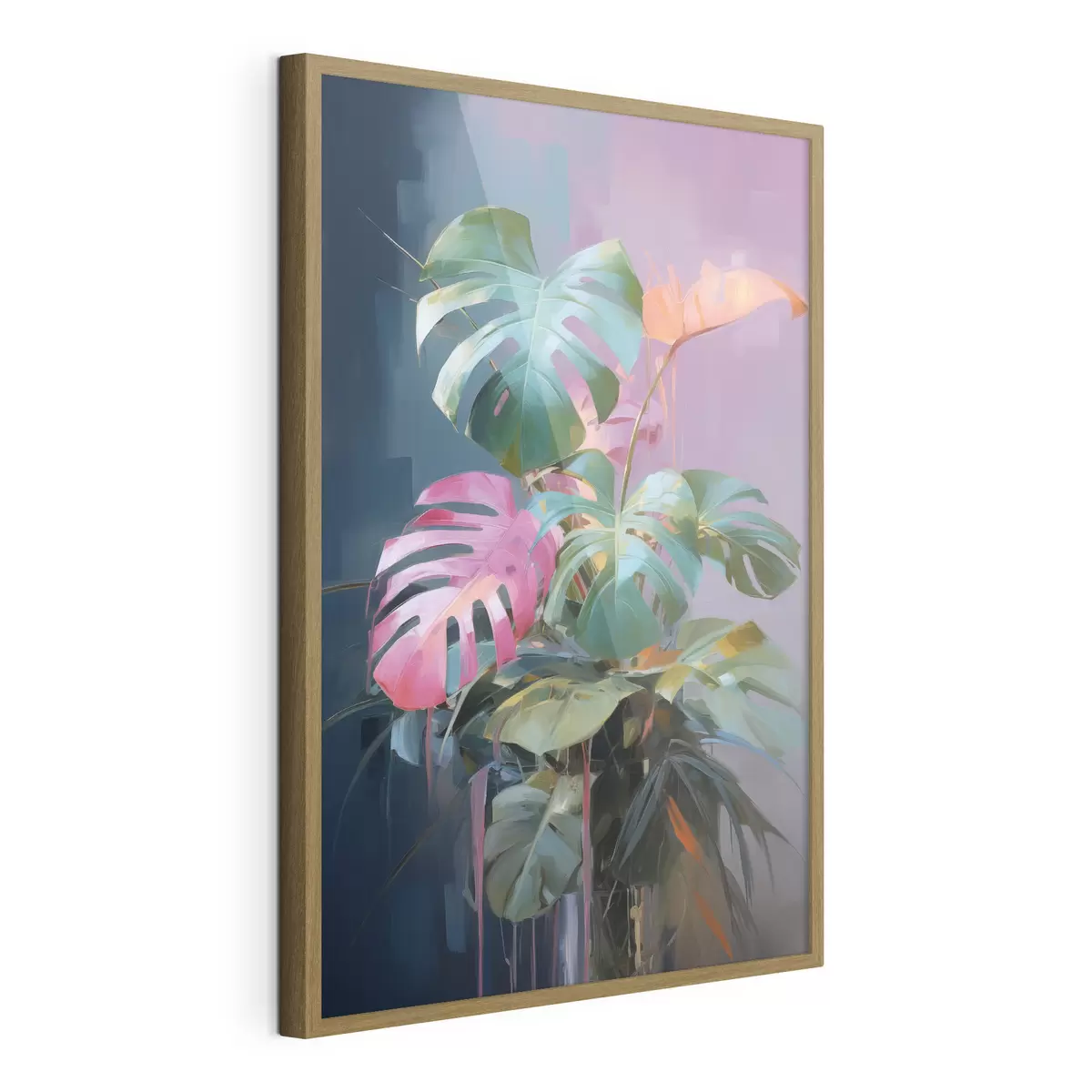 Poster Planta monstera abstracta con hojas rosas y verdes, colores vibrantes, sobre un fondo difuminado f46287