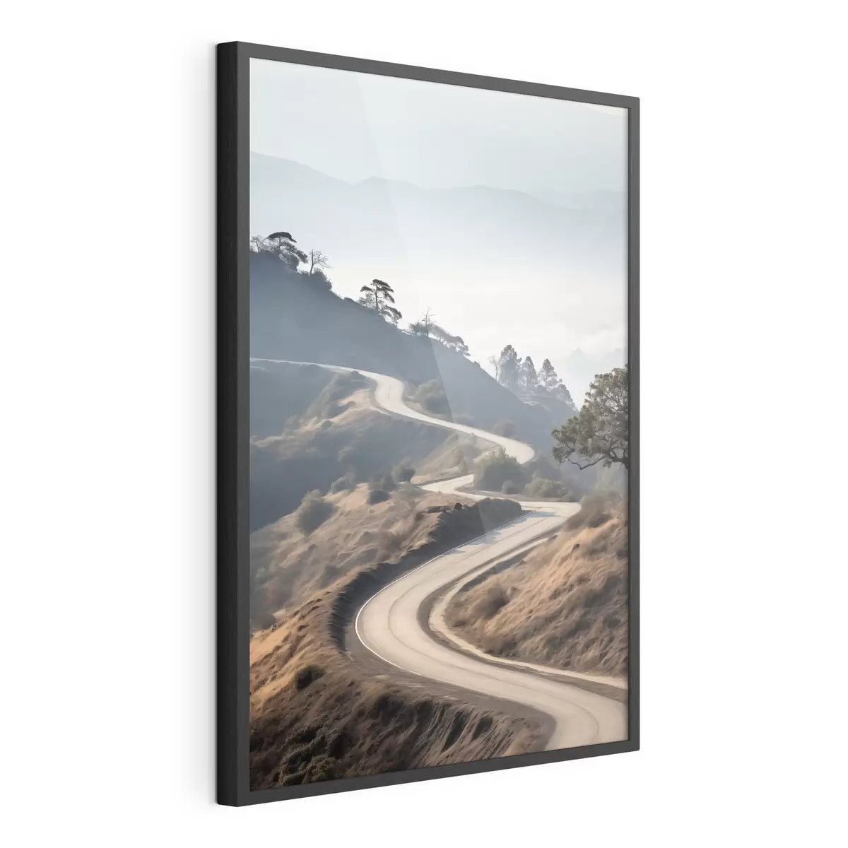 Poster Una sinuosa carretera que atraviesa un paisaje montañoso con hierba seca bajo un cielo despejado y montañas en la distancia f46289