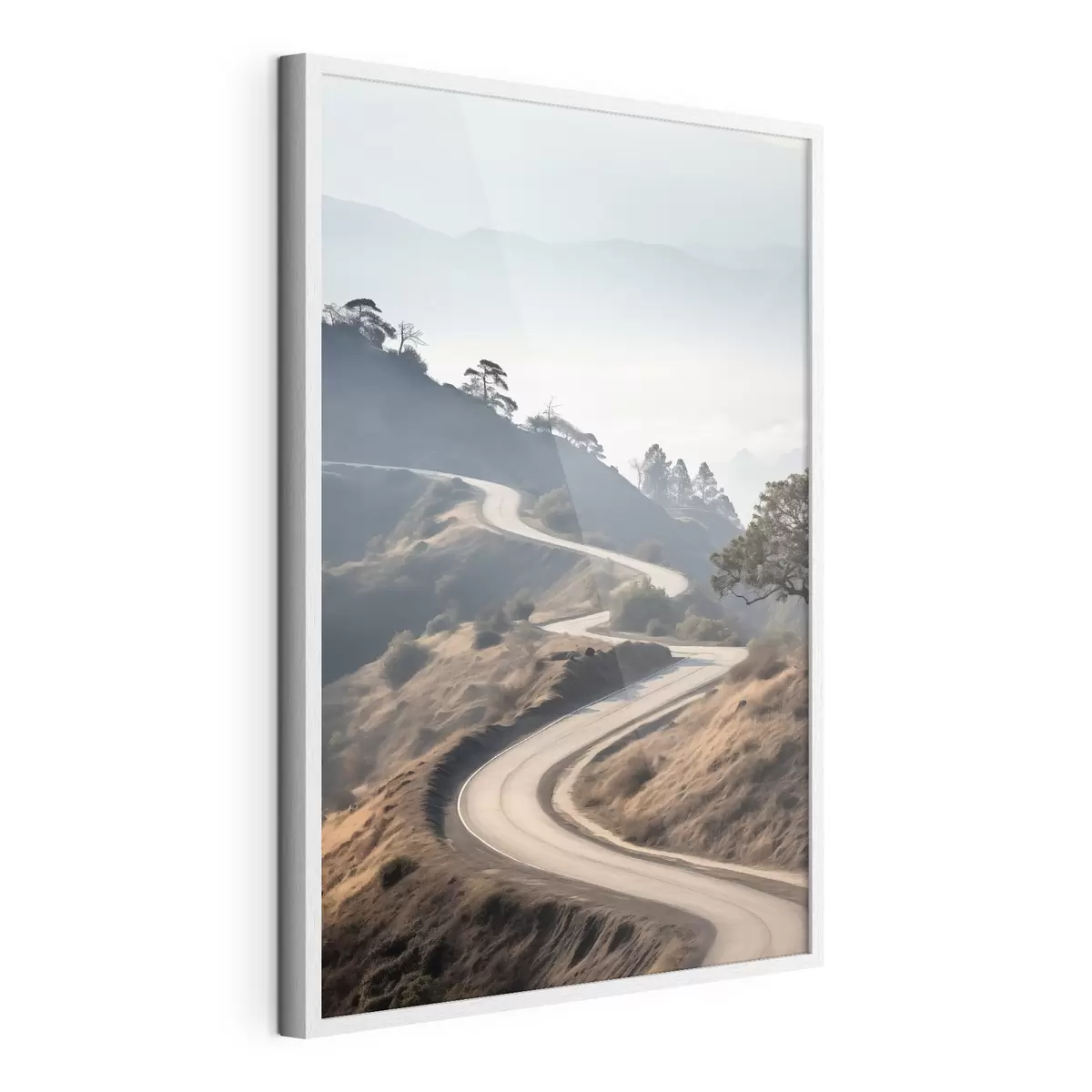 Poster Una sinuosa carretera que atraviesa un paisaje montañoso con hierba seca bajo un cielo despejado y montañas en la distancia f46289