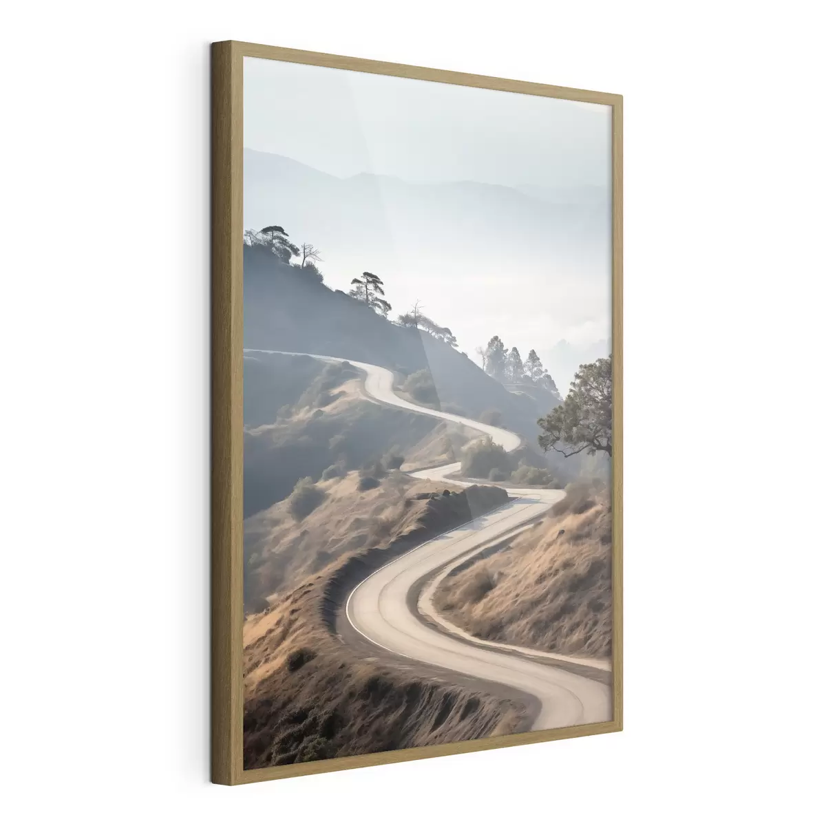 Poster Una sinuosa carretera que atraviesa un paisaje montañoso con hierba seca bajo un cielo despejado y montañas en la distancia f46289