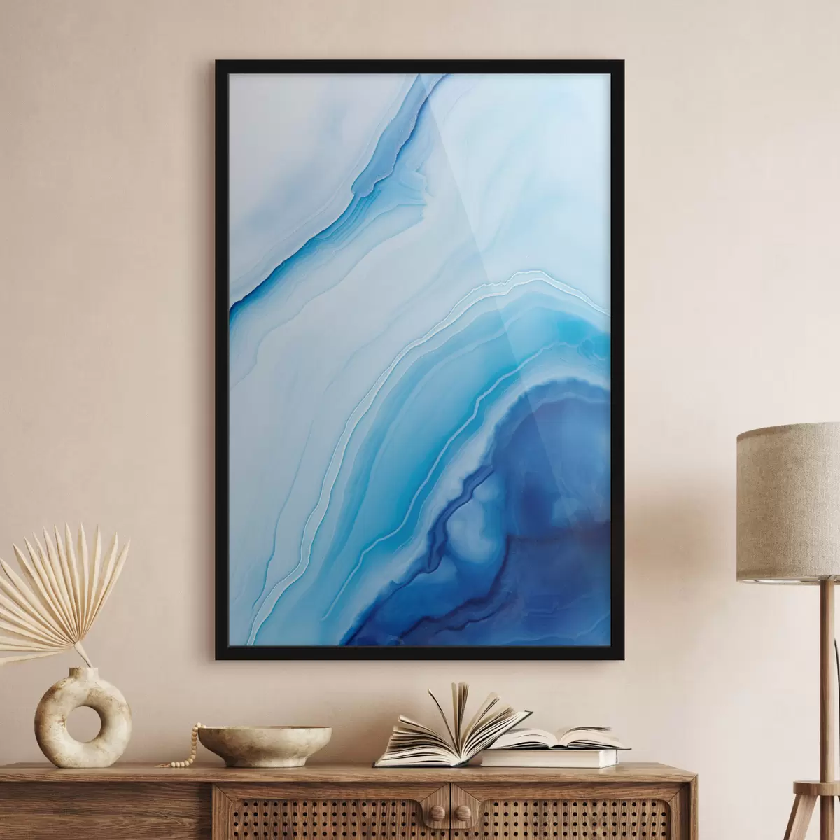 Poster Estampado abstracto de ágata azul y blanca, líneas y degradados en espiral, textura suave, arte moderno, minimalista f46290