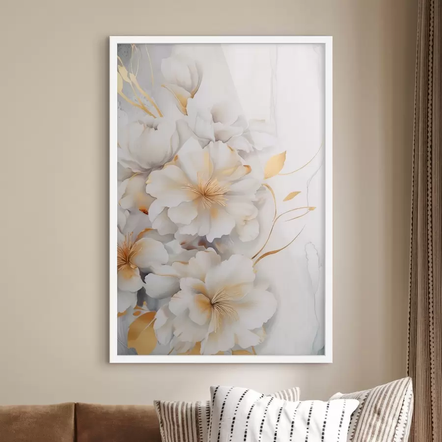murales de pared Flores blancas con detalles amarillos, pétalos con sombras sutiles, fondo claro con un sutil efecto marmolado f46292