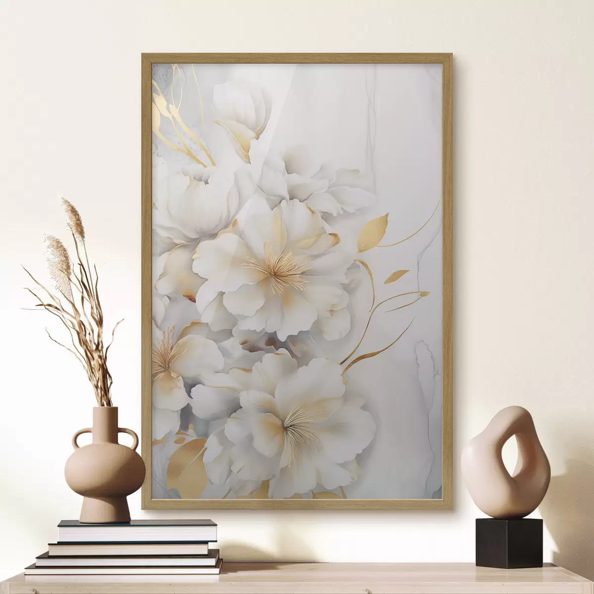 Poster Flores blancas con detalles amarillos, pétalos con sombras sutiles, fondo claro con un sutil efecto marmolado f46292