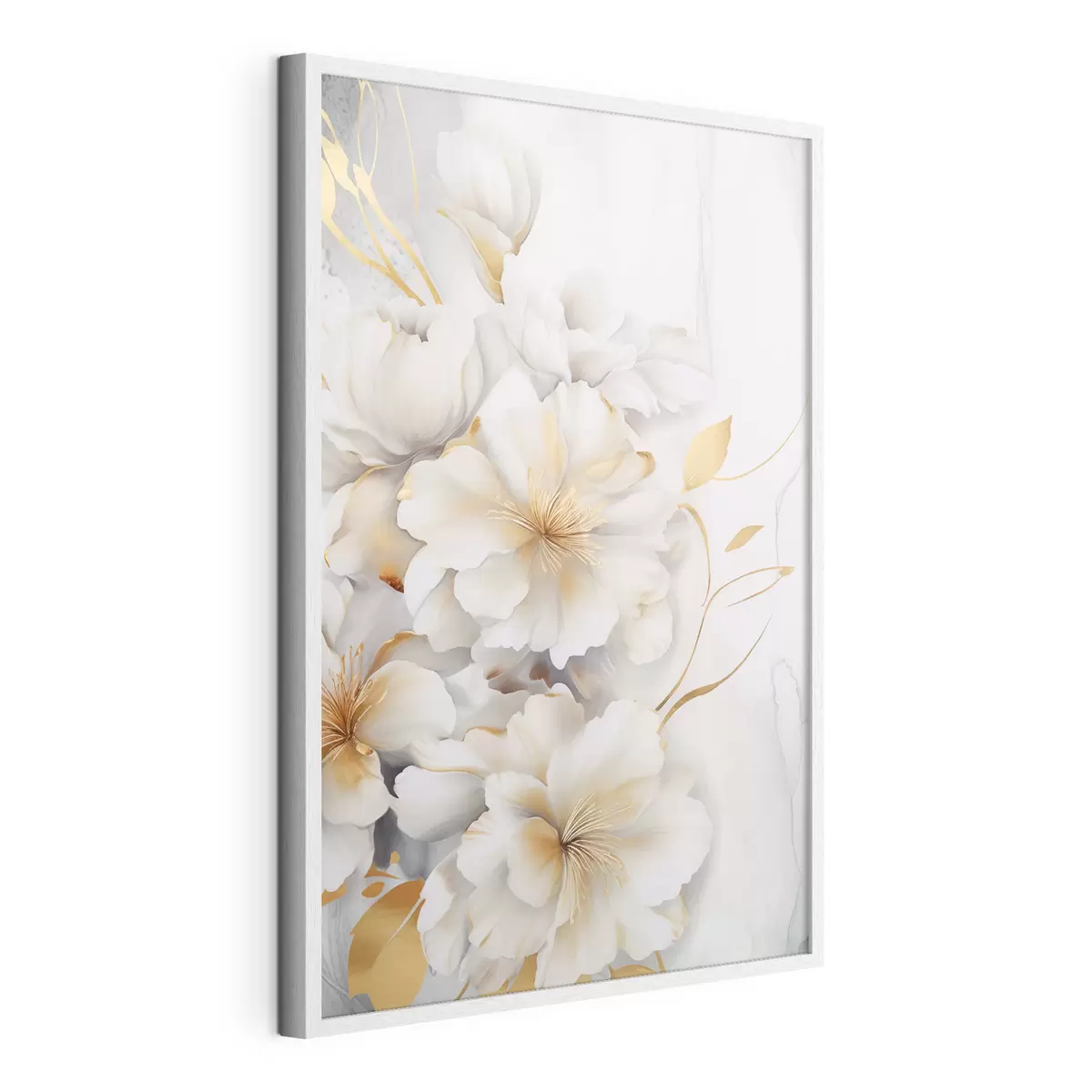 Poster Flores blancas con detalles amarillos, pétalos con sombras sutiles, fondo claro con un sutil efecto marmolado f46292