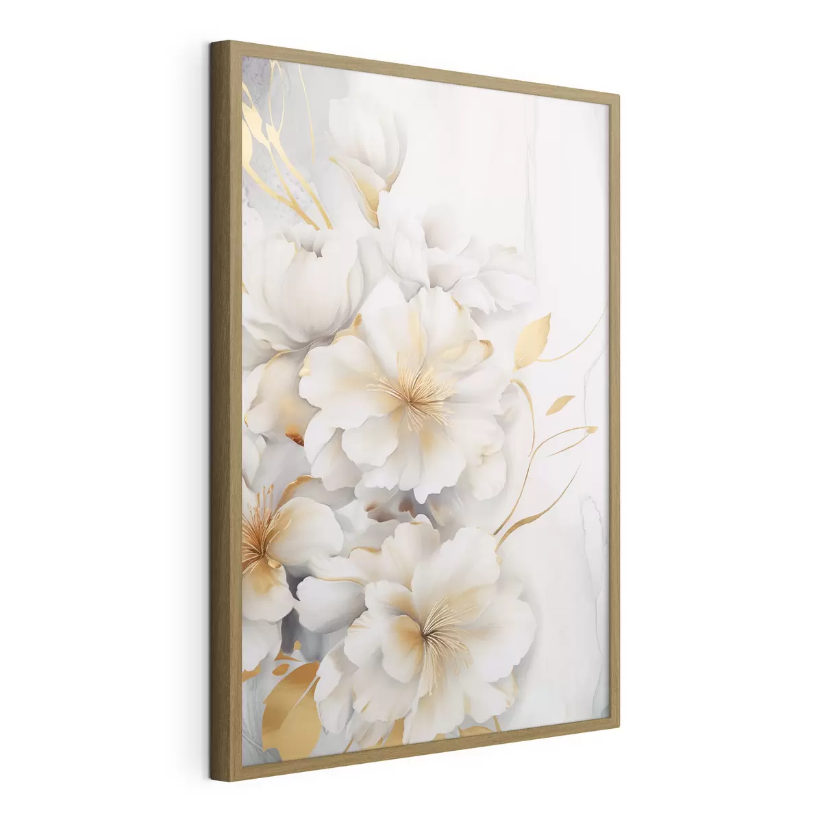 Poster Flores blancas con detalles amarillos, pétalos con sombras sutiles, fondo claro con un sutil efecto marmolado f46292