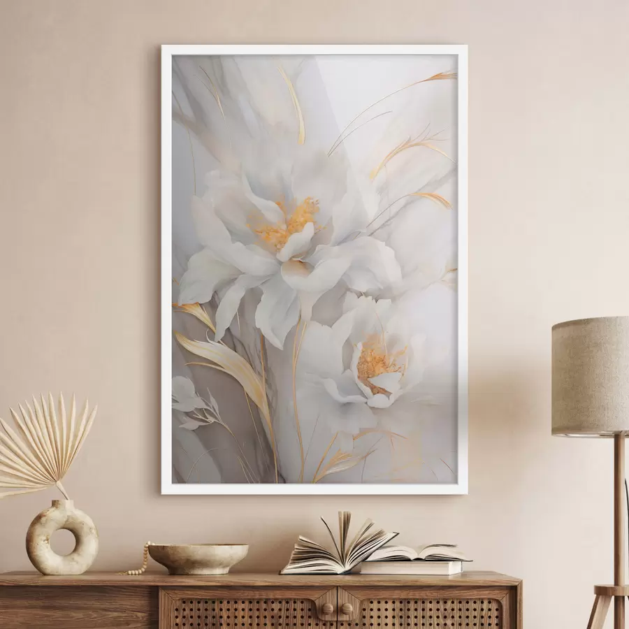 murales de pared Flores blancas con pistilos y tallos amarillos, pétalos delicados, composición elegante, fondo neutro f46293