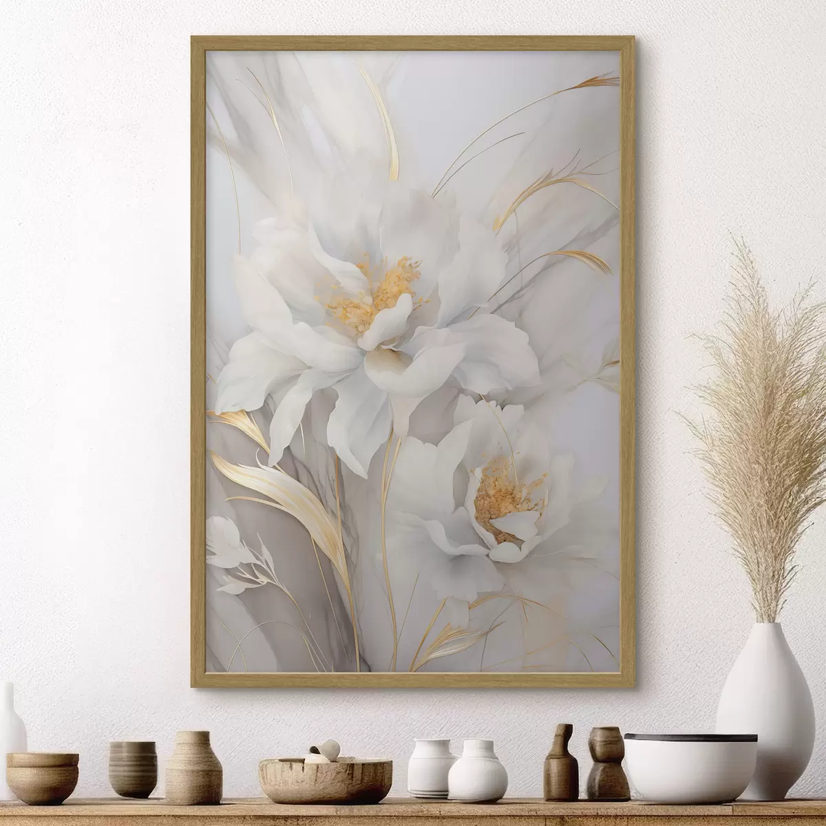 Poster Flores blancas con pistilos y tallos amarillos, pétalos delicados, composición elegante, fondo neutro f46293