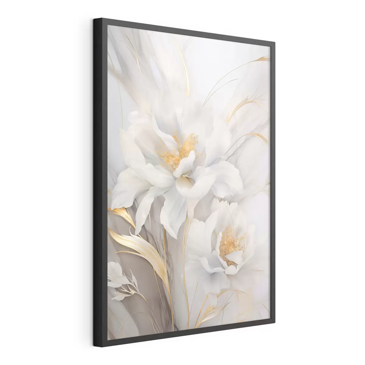 Poster Flores blancas con pistilos y tallos amarillos, pétalos delicados, composición elegante, fondo neutro f46293