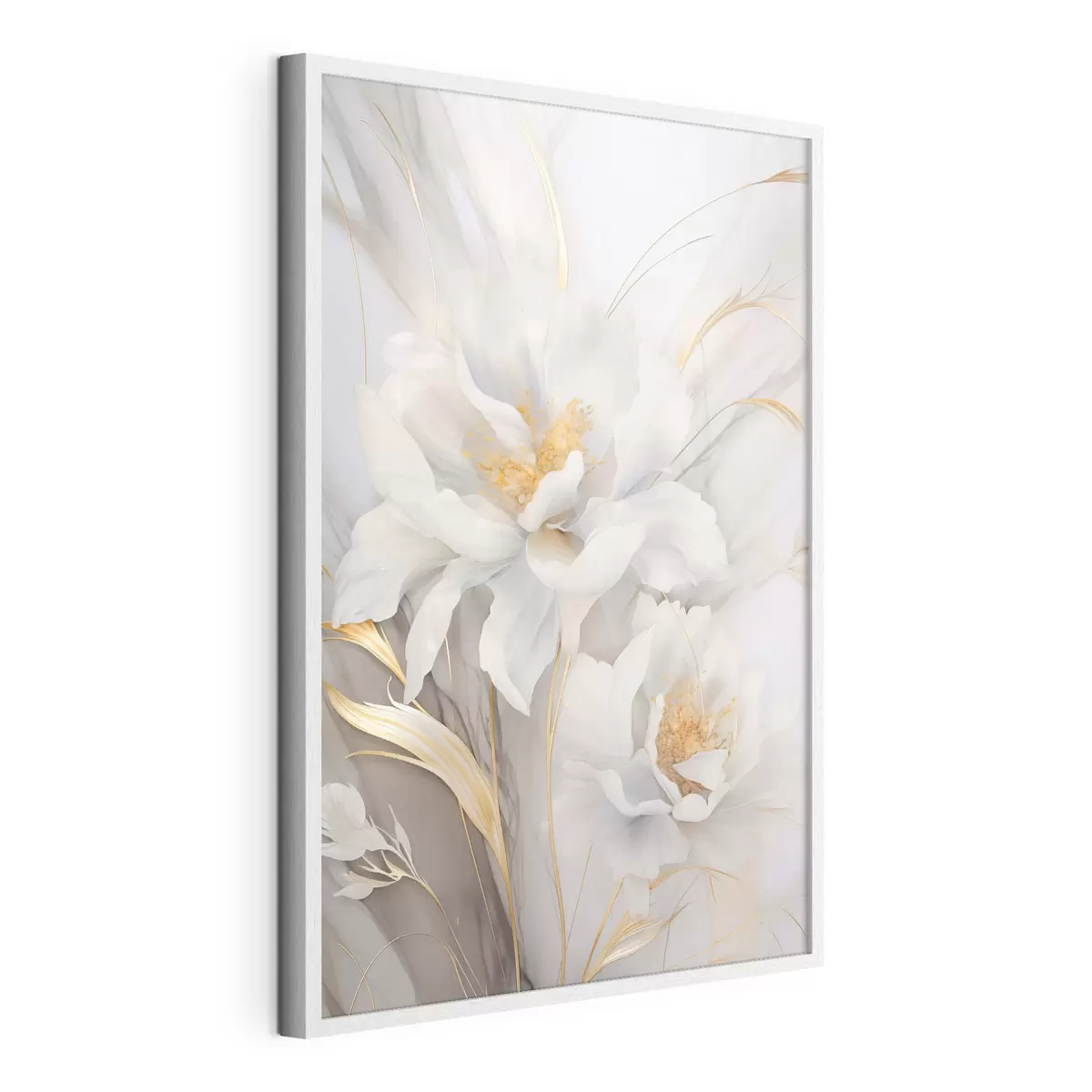 Poster Flores blancas con pistilos y tallos amarillos, pétalos delicados, composición elegante, fondo neutro f46293