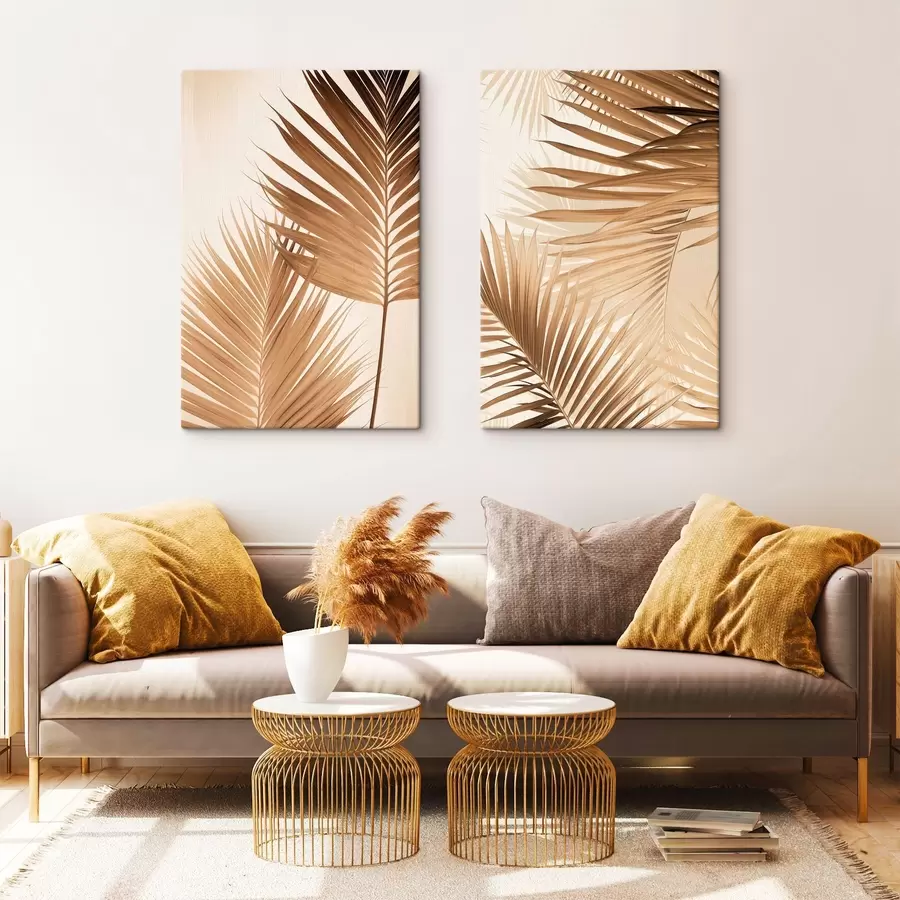 murales de pared Hojas de palmera en tonos marrones, fondo neutro, estilo minimalista, iluminación natural, ambiente tropical. m00880