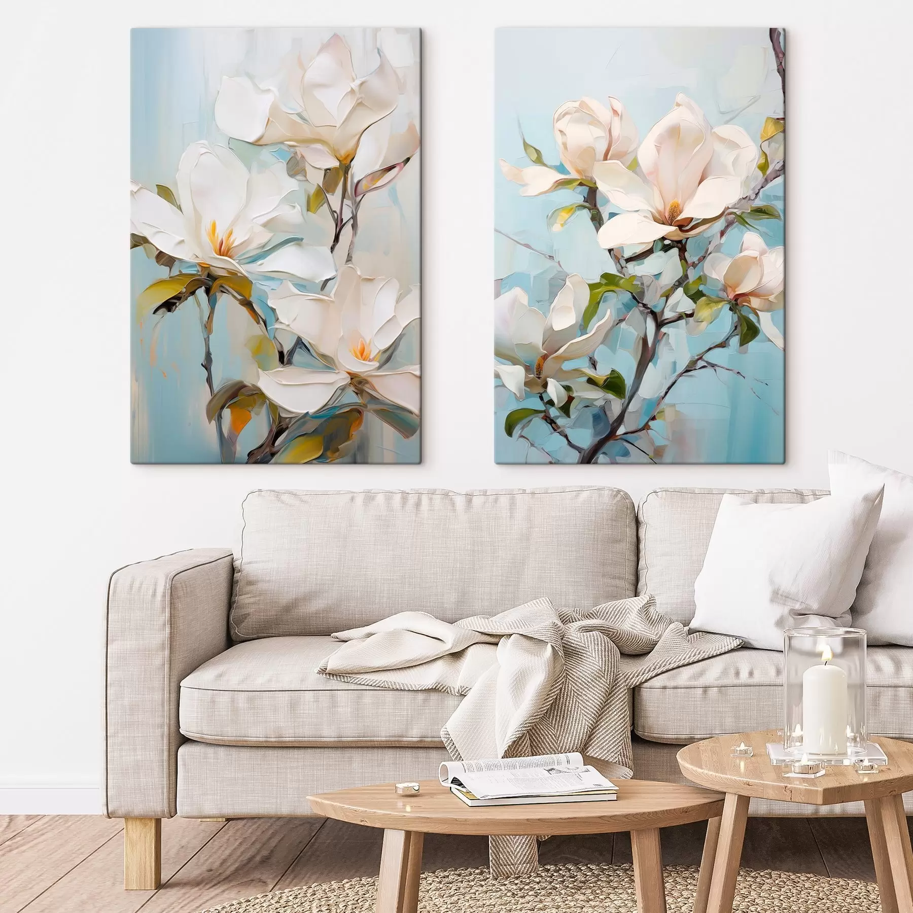 murales de pared Flores blancas de magnolia, fondo azul claro con suaves pinceladas, estilo pintura al óleo, textura impasto m00881