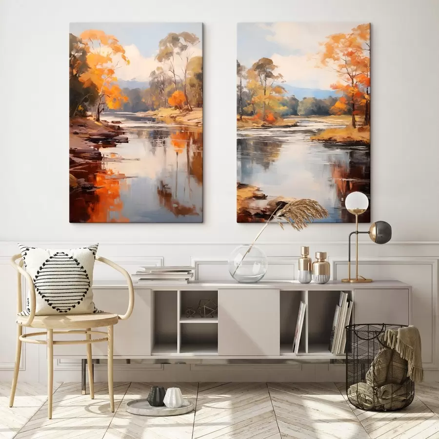 murales de pared Paisaje otoñal, río con árboles en la orilla, bosque al fondo, reflejos en el agua m00883