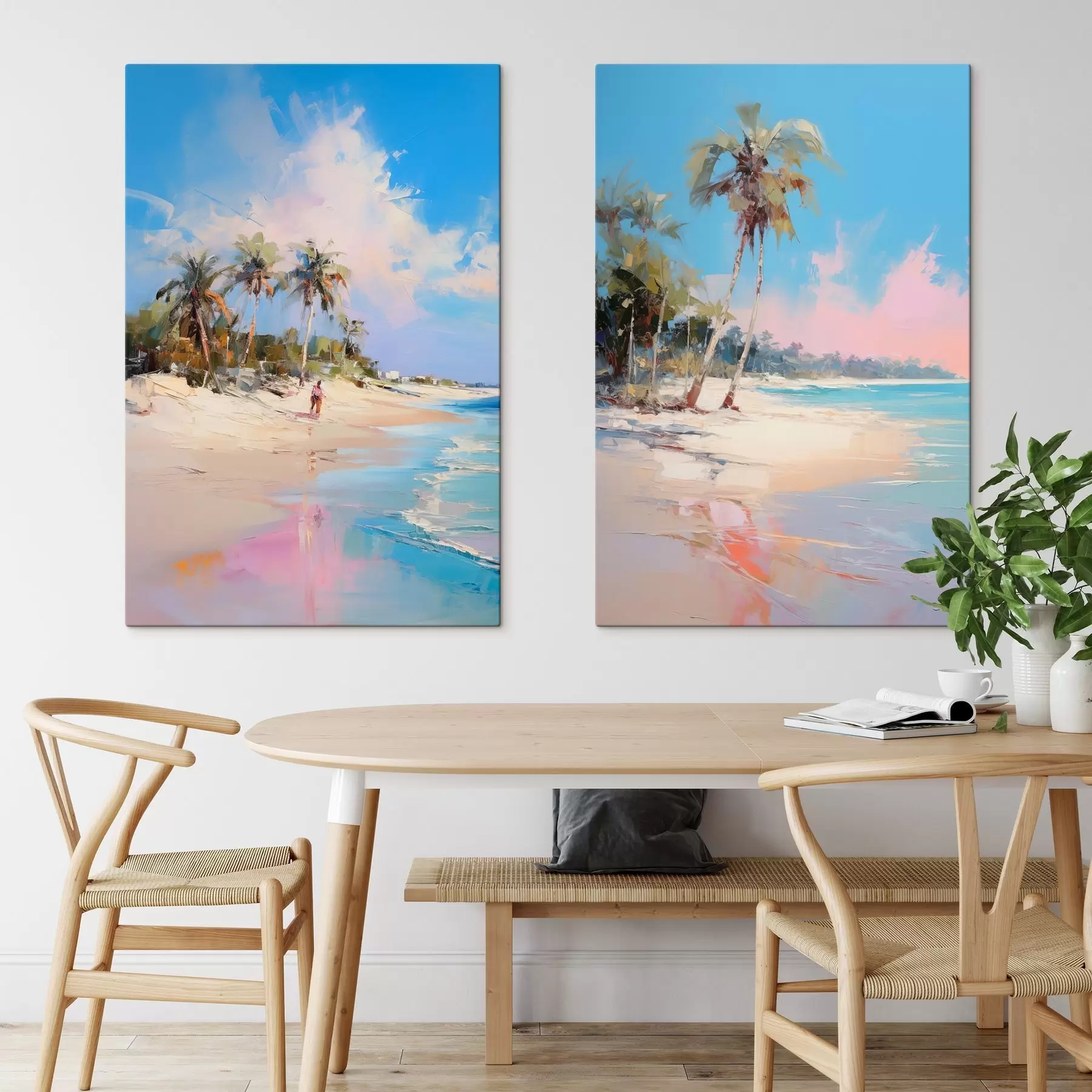 murales de pared Paisaje abstracto, una playa con palmeras, un día soleado con un cielo azul y algunas nubes. m00885