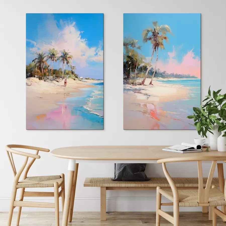 murales de pared Paisaje abstracto, una playa con palmeras, un día soleado con un cielo azul y algunas nubes. m00885