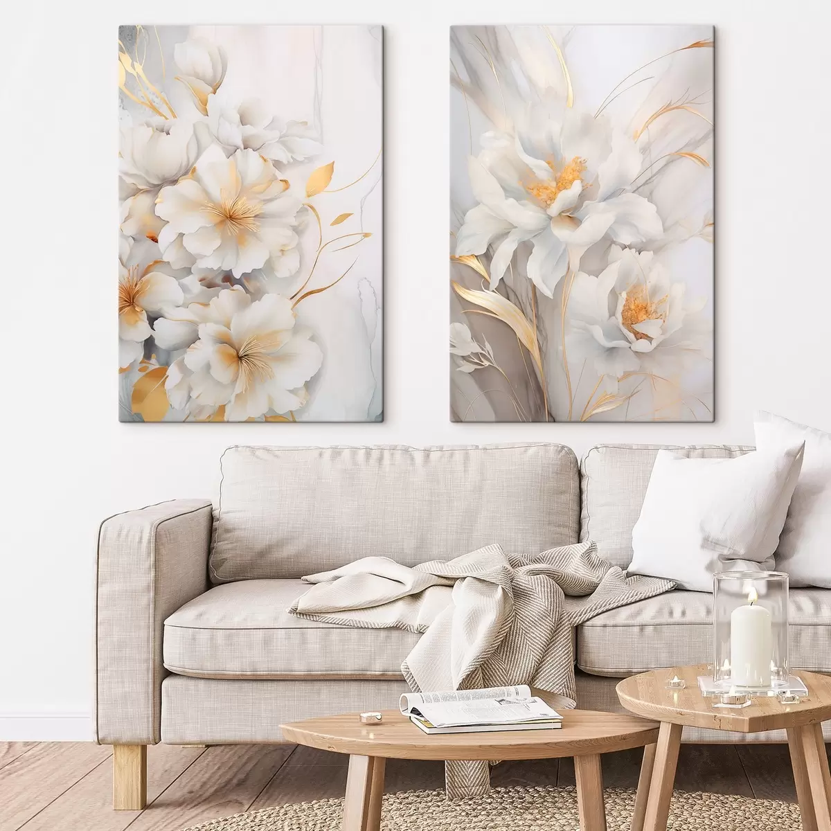 murales de pared Flores blancas con detalles amarillos, pétalos con sombras sutiles, fondo claro con un sutil efecto marmolado m00889