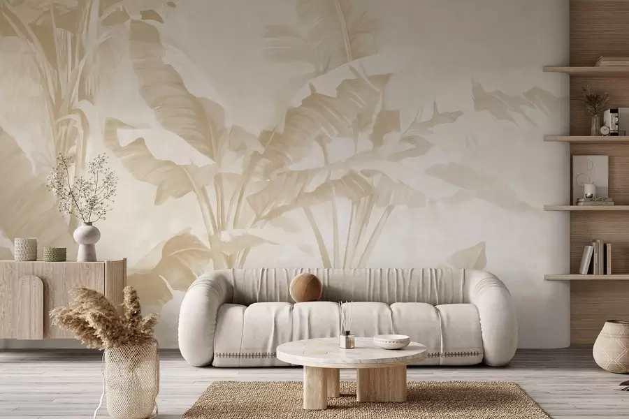 murales de pared Hojas de plátano tropical en suaves tonos beige w09311v2