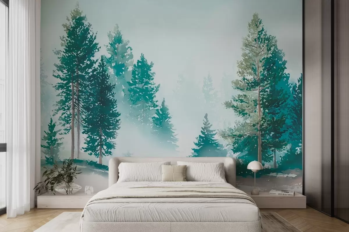 murales de pared Bosque de pinos brumoso en estilo acuarela w09444