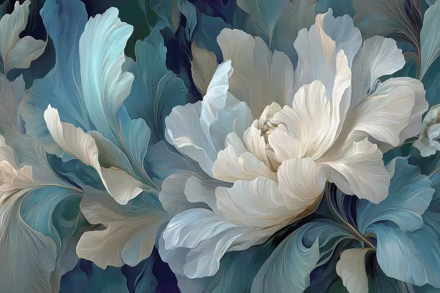 murales de pared Delicada peonía volumétrica en una paleta de colores fríos w09456