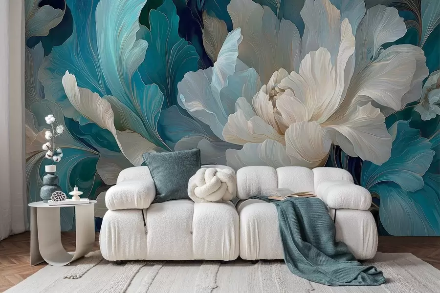murales de pared Delicada peonía volumétrica en una paleta de colores fríos w09456