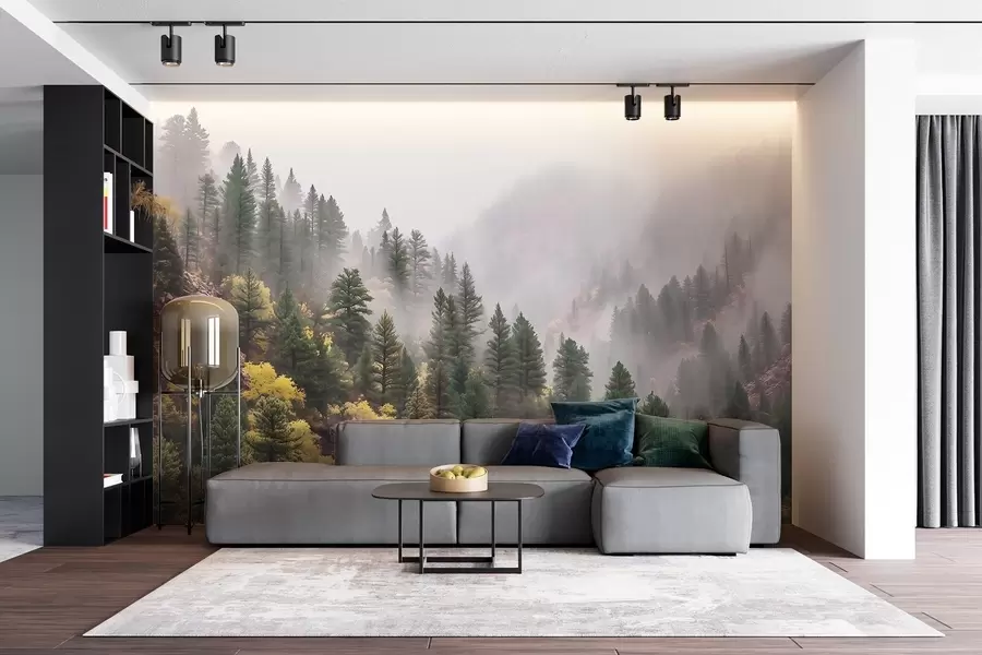 murales de pared Bosque de pinos brumoso y evocador en las montañas w09463