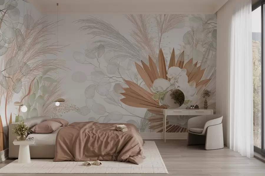 murales de pared Hierba de la pampa, eucalipto, hojas tropicales y orquídeas sobre fondo blanco, colores pastel w09366