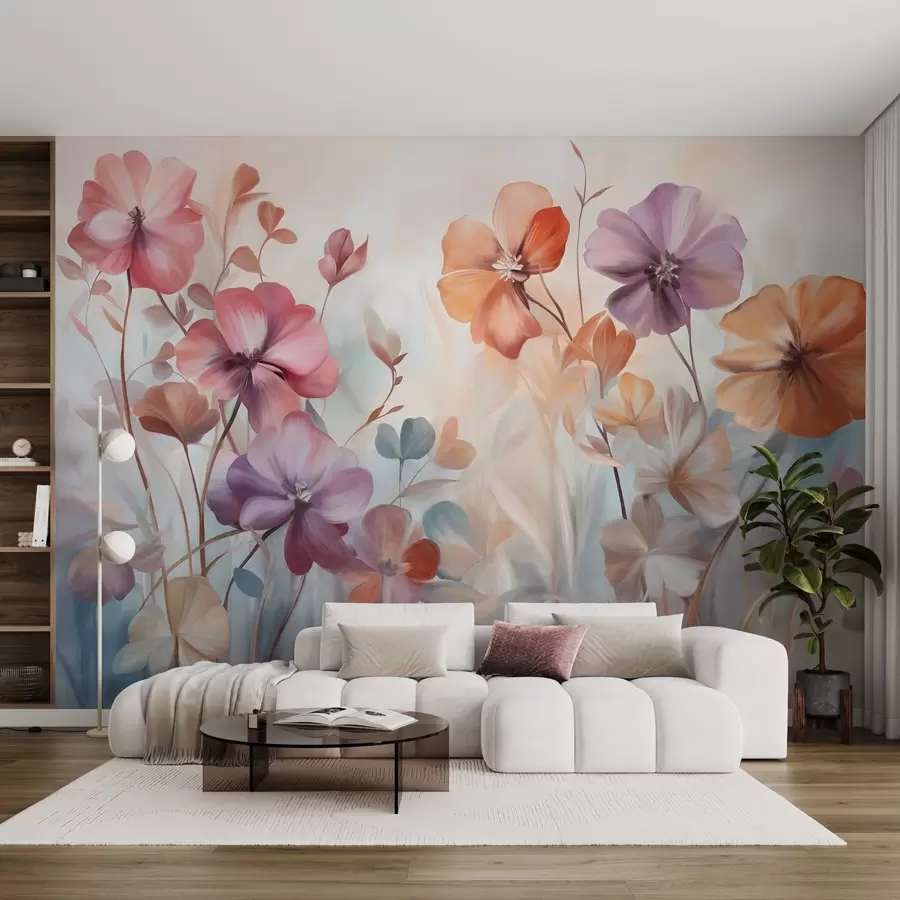 murales de pared Arreglo floral texturizado con flores rosas, moradas y naranjas con tallos y hojas verdes, en suaves colores pastel w09486