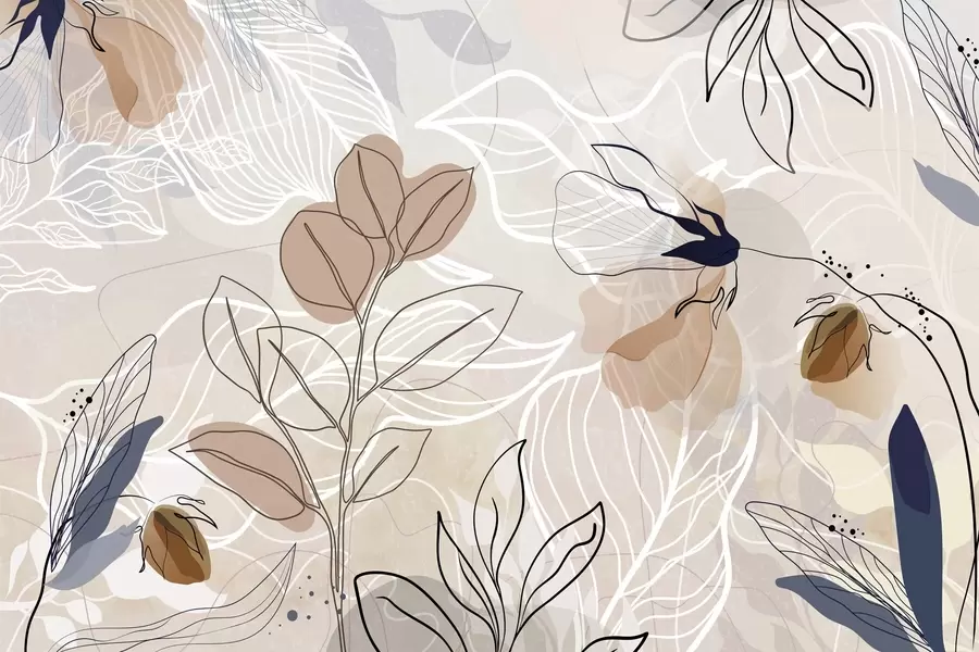 murales de pared Fondo abstracto beige con dibujo lineal de hojas y flores, moderno, minimalista, formas orgánicas, estampado botánico  w09487