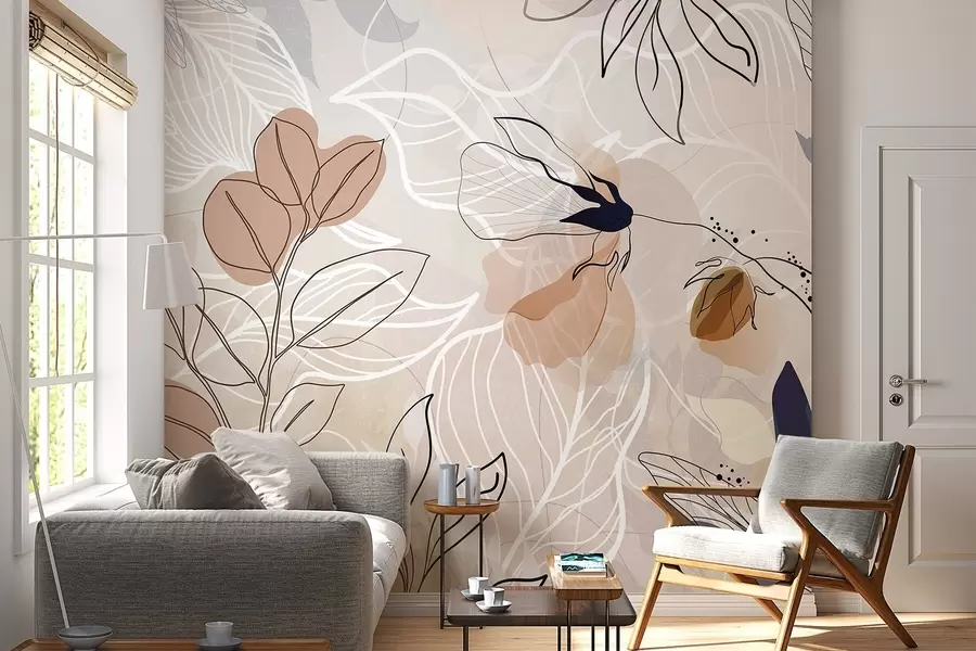 murales de pared Fondo abstracto beige con dibujo lineal de hojas y flores, moderno, minimalista, formas orgánicas, estampado botánico  w09487