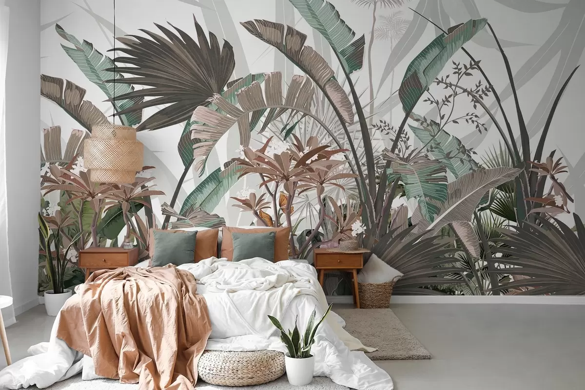 murales de pared Hojas tropicales con textura y flores, palmeras, flores de plumeria, colores pastel, fondo blanco, selva w09488