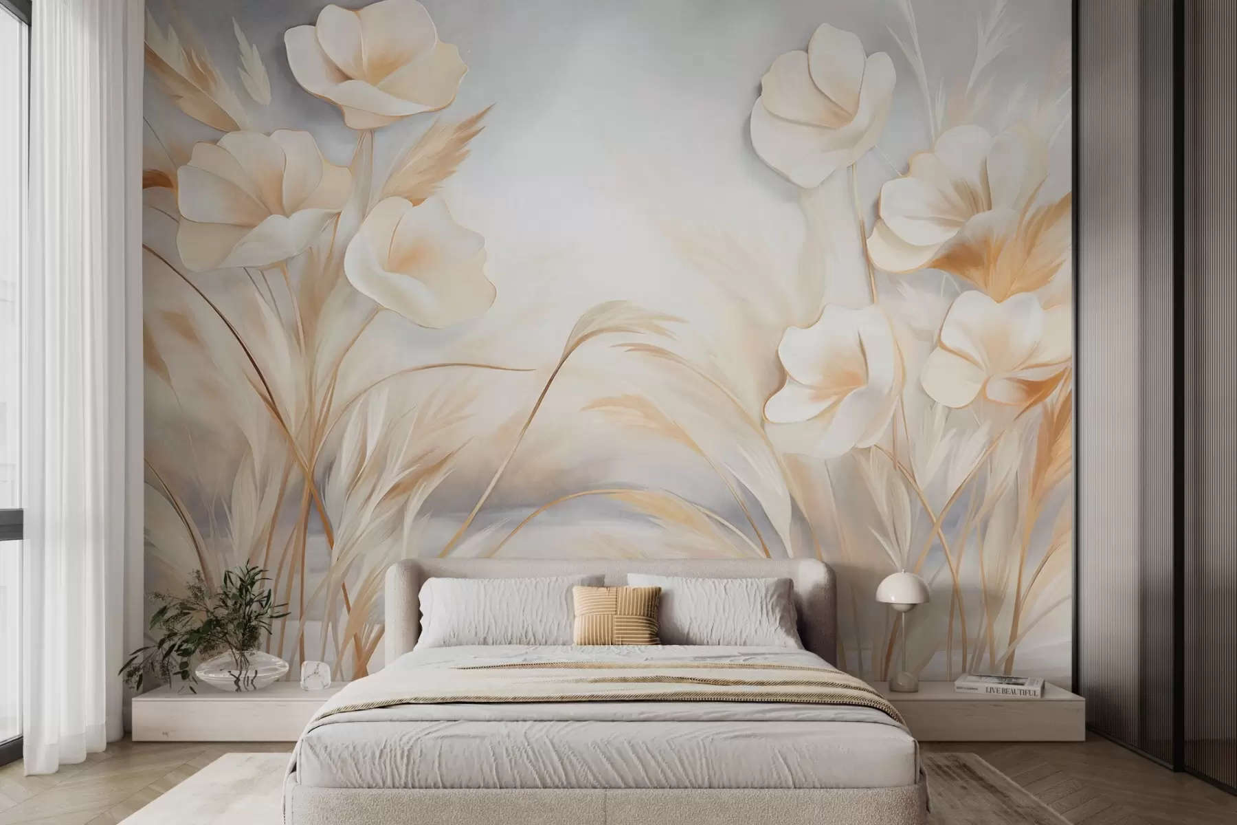 murales de pared Flores blancas, juncos beige y hierba de la pampa, texturizado, elegante, estilo minimalista, fondo abstracto paisajístico w09490