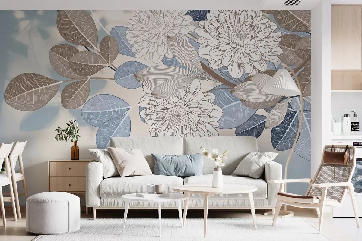 murales de pared Flores blancas con hojas azules y marrones, fondo azul claro con textura, arreglo floral, dibujo lineal detallado w09496