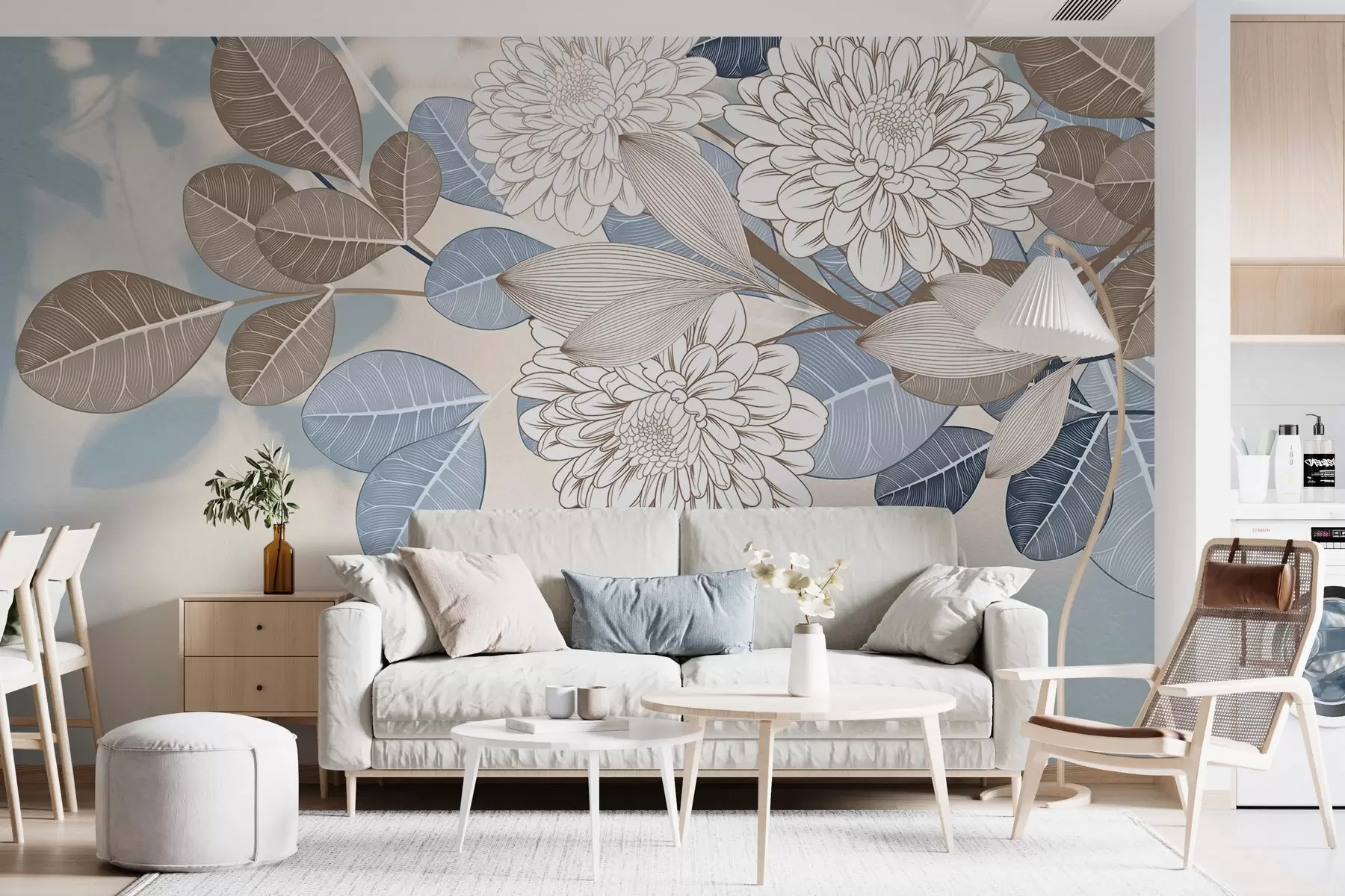 murales de pared Flores blancas con hojas azules y marrones, fondo azul claro con textura, arreglo floral, dibujo lineal detallado w09496