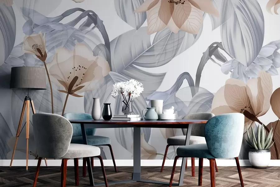 murales de pared Flores marrones y hojas grises, fondo botánico floral, diseño elegante, colores suaves, detalles delicados y ligeros w09497v1