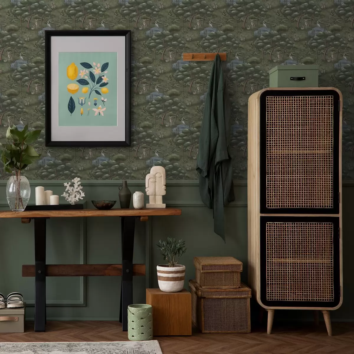 Papel pintado Claro del bosque con cervatillos, conejos y garzas a00680