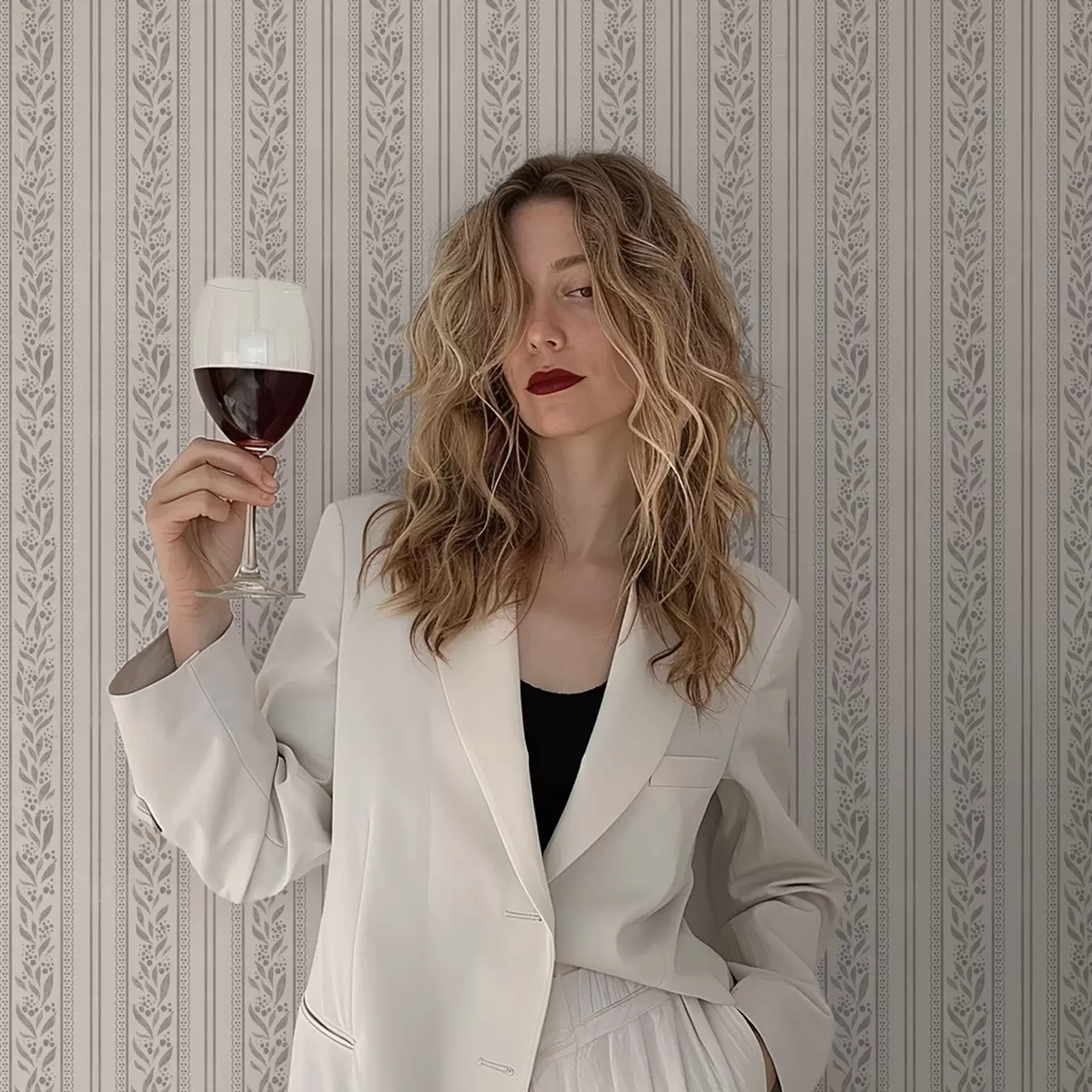 Papel pintado Rayas con encaje y ramitas gris-beige a00814